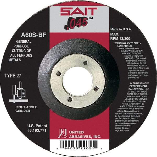 Sait - 60 Grit, 6" Wheel Diam, 7/8" Arbor Hole, Type 27 Depressed Center Wheel - Aluminum Oxide, Resinoid Bond, S Hardness, 10,200 Max RPM, Compatible with Angle Grinder - Americas Industrial Supply