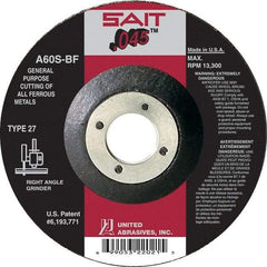 Sait - 60 Grit, 6" Wheel Diam, 7/8" Arbor Hole, Type 27 Depressed Center Wheel - Aluminum Oxide, Resinoid Bond, S Hardness, 10,200 Max RPM, Compatible with Angle Grinder - Americas Industrial Supply