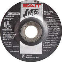 Sait - 46 Grit, 4-1/2" Wheel Diam, 7/8" Arbor Hole, Type 27 Depressed Center Wheel - Aluminum Oxide, Resinoid Bond, N Hardness, 13,300 Max RPM, Compatible with Angle Grinder - Americas Industrial Supply