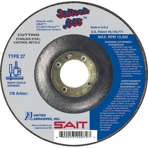 Sait - 5" Wheel Diam, 7/8" Arbor Hole, Type 27 Depressed Center Wheel - Ceramic, Resinoid Bond, 12,200 Max RPM, Compatible with Angle Grinder - Americas Industrial Supply