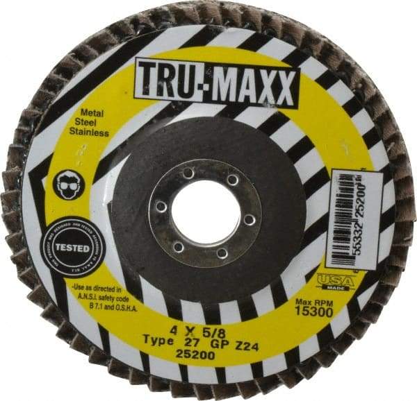 Tru-Maxx - 24 Grit, 4" Disc Diam, 5/8" Center Hole, Type 27 Zirconia Alumina Flap Disc - 15,300 Max RPM, Arbor Attaching System, Coated - Americas Industrial Supply