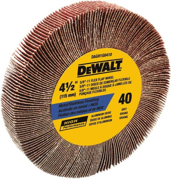 DeWALT - 4-1/2" Diam, 40 Grit Aluminum Oxide Unmounted Flap Wheel - 5/8-11 Thread, 1-1/8" Wide, Coated, Coarse Grade, 13,300 Max RPM - Americas Industrial Supply