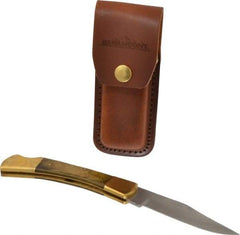 Paramount - 3-3/4" Blade, 8-1/2" OAL, Clip Point Folding Knife - 4-3/4" Closed Length, Wood, 1 Blade, Solid Brass Bolsters & Pins/Leather Sheath - Americas Industrial Supply