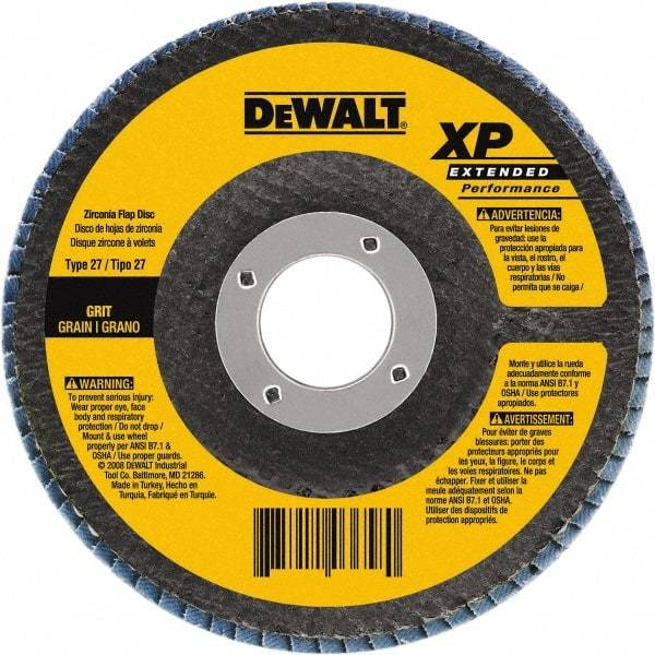 DeWALT - 120 Grit, 5" Disc Diam, 5/8-11 Center Hole, Type 29 Zirconia Alumina Flap Disc - 12,200 Max RPM, Poly Cotton Backing, Arbor Attaching System, Coated - Americas Industrial Supply