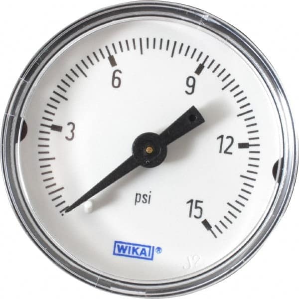 Wika - 1-1/2" Dial, 1/8 Thread, 0-15 Scale Range, Pressure Gauge - Center Back Connection Mount, Accurate to 3-2-3% of Scale - Americas Industrial Supply
