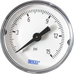 Wika - 1-1/2" Dial, 1/8 Thread, 0-15 Scale Range, Pressure Gauge - Center Back Connection Mount, Accurate to 3-2-3% of Scale - Americas Industrial Supply