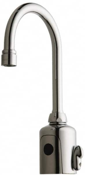 Chicago Faucets - Polished Chrome Plated Electronic User Adjustable Temperature Control Mixer Sensor Faucet - Powered by 6 Volt Lithium CRP2 Battery (Included), Gooseneck Spout, 4 to 8" Mounting Centers - Americas Industrial Supply