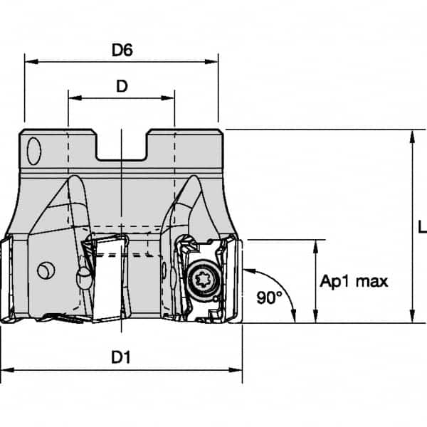 5″ Cut Diam, 1-1/2″ Arbor Hole Diam, 15.5mm Max Depth, Indexable Square-Shoulder Face Mill Takes 9 Inserts, 0° Lead Angle, 60.45mm High, LNGU15T608SRGE Insert Style, Through Coolant, Series MILL 4-15