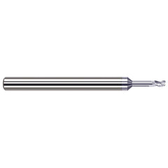 Corner Radius End Mill: 0.031″ Dia, 3/64″ LOC, 0.003″ Radius, 3 Flutes, Solid Carbide 2-1/2″ OAL, 1/8″ Shank Dia, 42 ° Helix, TiB2 Coated, Corner Radius End
