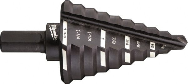 Milwaukee Tool - 10 Hole Sizes, 1/4 to 1-3/8" Hole Diam High Speed Steel Step Drill Bit - Americas Industrial Supply