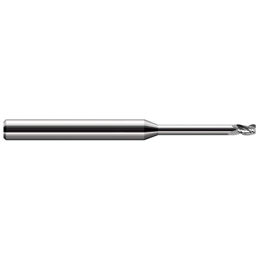 Corner Radius End Mill: 0.047″ Dia, 0.07″ LOC, 1/64″ Radius, 3 Flutes, Solid Carbide 2-1/2″ OAL, 1/8″ Shank Dia, 30 ° Helix, Bright/Uncoated, Corner Radius End