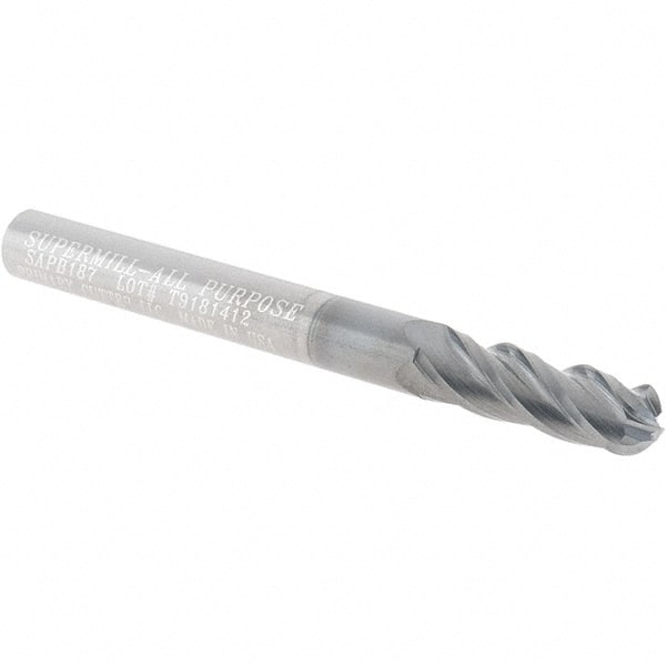 Ball End Mill: 0.1875″ Dia, 0.625″ LOC, 4 Flute, Solid Carbide 2″ OAL, 3/16″ Shank Dia, 35 ° Helix, AlCrN Coated, Single End, Series SAPB