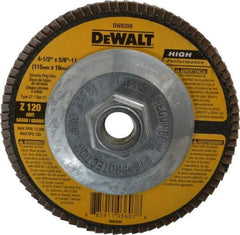 DeWALT - 120 Grit, 4-1/2" Disc Diam, 5/8-11 Center Hole, Type 27 Zirconia Alumina Flap Disc - 13,300 Max RPM, Fiberglass Backing, Arbor Attaching System, Coated - Americas Industrial Supply
