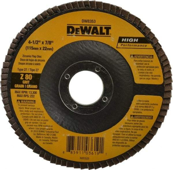 DeWALT - 80 Grit, 4-1/2" Disc Diam, 7/8" Center Hole, Type 27 Zirconia Alumina Flap Disc - 13,300 Max RPM, Fiberglass Backing, Arbor Attaching System, Coated - Americas Industrial Supply