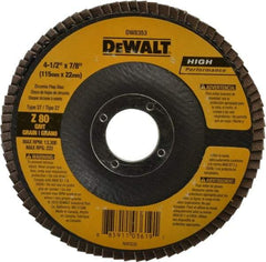 DeWALT - 80 Grit, 4-1/2" Disc Diam, 7/8" Center Hole, Type 27 Zirconia Alumina Flap Disc - 13,300 Max RPM, Fiberglass Backing, Arbor Attaching System, Coated - Americas Industrial Supply