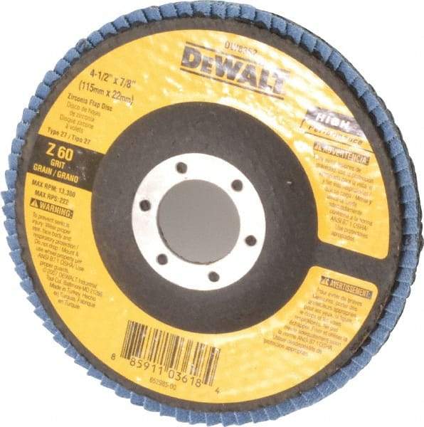 DeWALT - 60 Grit, 4-1/2" Disc Diam, 7/8" Center Hole, Type 27 Zirconia Alumina Flap Disc - 13,300 Max RPM, Fiberglass Backing, Arbor Attaching System, Coated - Americas Industrial Supply