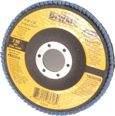 DeWALT - 60 Grit, 4-1/2" Disc Diam, 7/8" Center Hole, Type 27 Zirconia Alumina Flap Disc - 13,300 Max RPM, Fiberglass Backing, Arbor Attaching System, Coated - Americas Industrial Supply