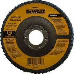 DeWALT - 40 Grit, 4-1/2" Disc Diam, 7/8" Center Hole, Type 27 Zirconia Alumina Flap Disc - 13,300 Max RPM, Fiberglass Backing, Arbor Attaching System, Coated - Americas Industrial Supply