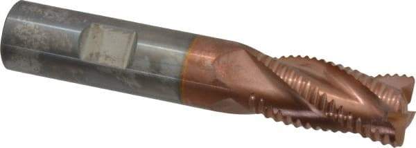 ProMax - 5/8" Diam, Coarse Pitch, 1-1/4" LOC, 4 Flute Solid Carbide 0.055-0.065" Corner Radius Roughing End Mill - TiCN Finish, 3-1/2" OAL, 5/8" Shank Diam, Single End, Centercutting, 30° Helix - Americas Industrial Supply