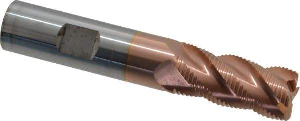 ProMax - 5/8" Diam, Fine Pitch, 1-1/4" LOC, 4 Flute Solid Carbide 0.055-0.065" Corner Radius Roughing End Mill - TiCN Finish, 3-1/2" OAL, 5/8" Shank Diam, Single End, Centercutting, 40° Helix - Americas Industrial Supply