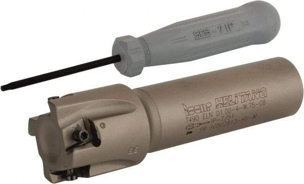 Iscar - 1" Cut Diam, 0.315" Max Depth of Cut, 3/4" Shank Diam, 3.38" OAL, Indexable Square Shoulder Helical End Mill - T490 LN.T 0804 Inserts, Weldon Shank, 90° Lead Angle, Series Helitang - Americas Industrial Supply