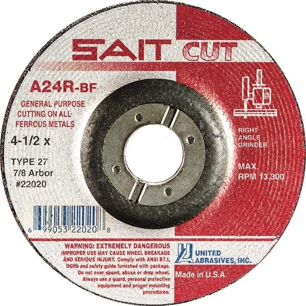 Sait - 3" 24 Grit Aluminum Oxide Cutoff Wheel - 1/8" Thick, 3/8" Arbor, 20,372 Max RPM, Use with Die Grinders - Americas Industrial Supply