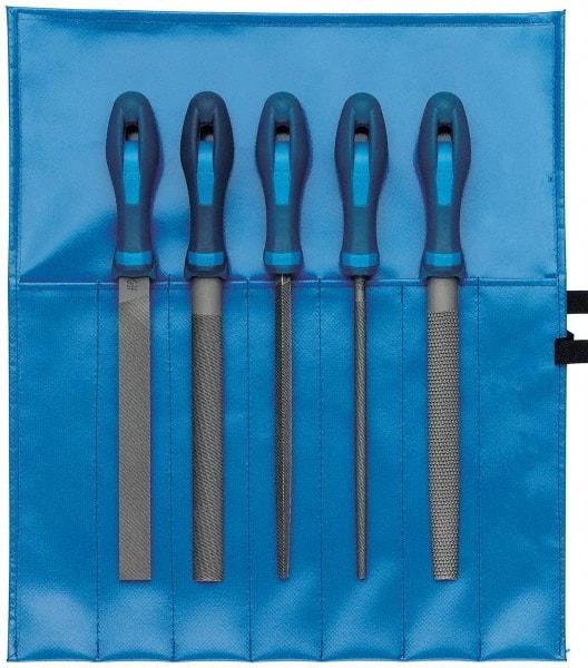 PFERD - 5 Piece American Pattern File Set - 10" Long, Bastard Coarseness, Ergonomic Handle, Set Includes Hand, Three Square, Square, Round, Tapered Half Round - Americas Industrial Supply