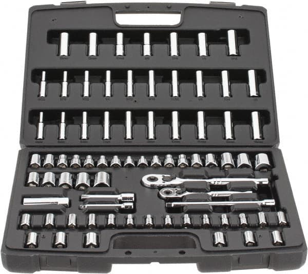 Stanley - 75 Piece 1/4 & 3/8" Drive Standard Deep Socket Set - 3/16 to 13/16", 4 to 19mm, Inch/Metric Measurement Standard - Americas Industrial Supply