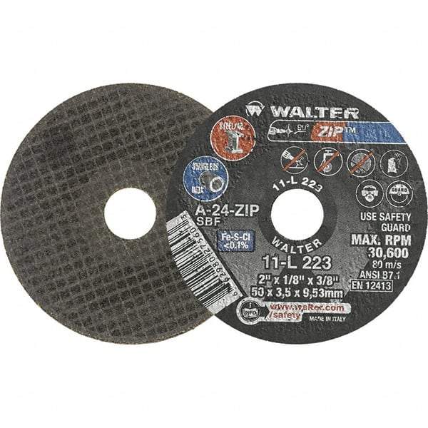 WALTER Surface Technologies - 2" 24 Grit Aluminum Oxide Cutoff Wheel - 1/8" Thick, 3/8" Arbor, 30,600 Max RPM, Use with Die Grinders - Americas Industrial Supply