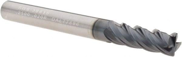 SGS - 1/4", 4 Flute, Single End, Solid Carbide, 0.0150 - 0.0200" Corner Radius End Mill - 2-1/2" OAL, Right Hand Flute, 3/4" LOC, Right Hand Cut - Americas Industrial Supply