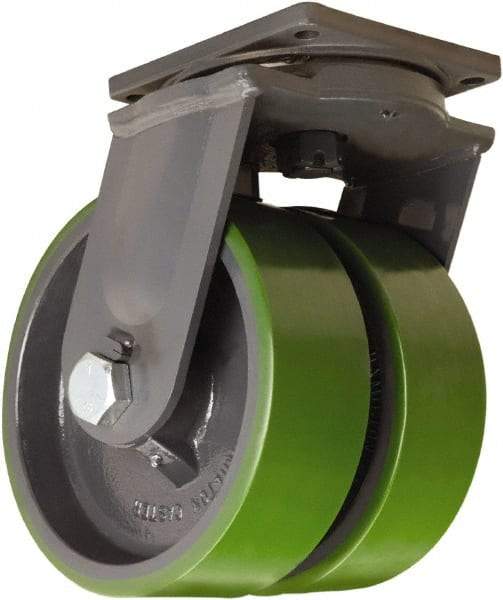 Hamilton - 10" Diam x 3" Wide x 13" OAH Top Plate Mount Dual Swivel Caster - Polyurethane Mold onto Cast Iron Center, 6,000 Lb Capacity, Straight Roller Bearing, 8-1/2 x 8-1/2" Plate - Americas Industrial Supply
