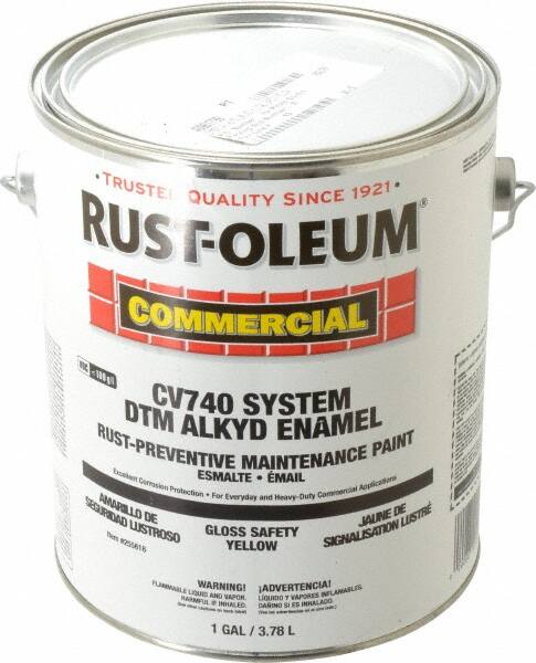 Rust-Oleum - 1 Gal Safety Yellow Gloss Finish Alkyd Enamel Paint - 278 to 509 Sq Ft per Gal, Interior/Exterior, Direct to Metal, <100 gL VOC Compliance - Americas Industrial Supply