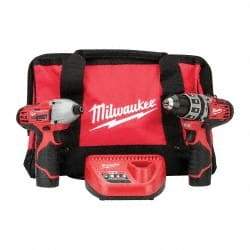 Milwaukee Tool - 12 Volt Cordless Tool Combination Kit - Includes 1/4" Hex Impact Driver & 3/8" Hammer Drill, Lithium-Ion Battery Included - Americas Industrial Supply
