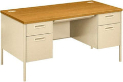 Hon - Laminate Top & Metal Base Double Pedestal Desk with Center Drawer - 60" Wide x 30" Deep x 29-1/2" High, Harvest/Putty - Americas Industrial Supply