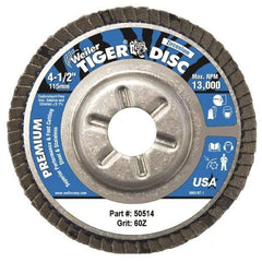 Weiler - 60 Grit, 4-1/2" Disc Diam, 5/8-11 Center Hole, Type 29 Zirconia Alumina Flap Disc - 13,000 Max RPM, Aluminum Backing, Coated - Americas Industrial Supply