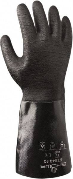 SHOWA - Size L (10), 14" Long, 26 mil Thick, Supported, Neoprene Chemical Resistant Gloves - Rough Finish, Flannel Lined, Gauntlet Cuff, ANSI Abrasion Level 3, ANSI Cut Level 2, ANSI Puncture Level 1, Black, FDA Approved - Americas Industrial Supply