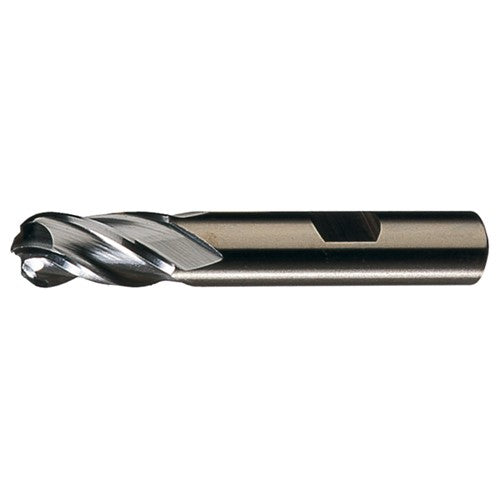 ‎3/16″ Dia. × 3/8″ Shank × 1/2″ DOC × 2-3/8″ OAL, HSSCoPM Bright, Spiral , 4 Flute, CW Helix, Weldon, Ballnose End Mill