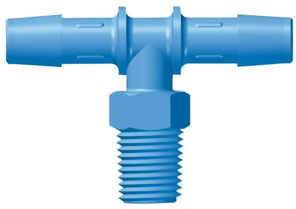 Made in USA - 1/2" Barb, 1/2, HDPE Single Barbed Tube Threaded Tee - Blue, Male - Americas Industrial Supply