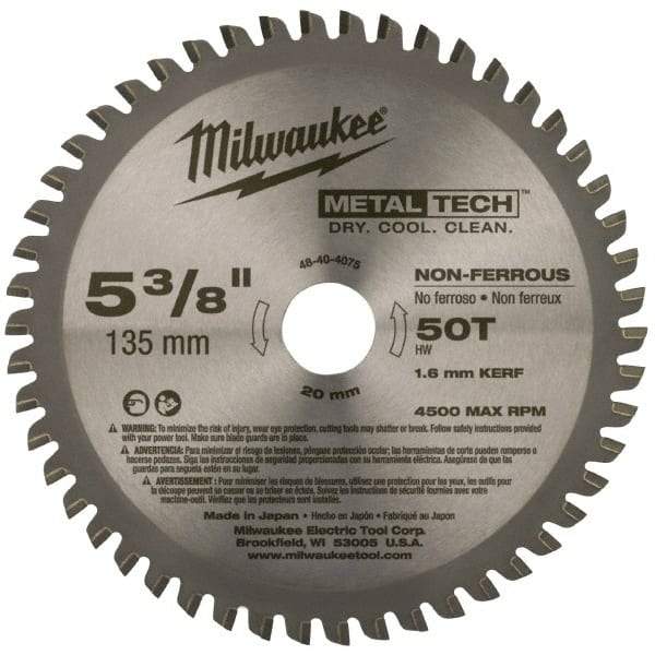 Milwaukee Tool - 5-3/8" Diam, 20mm Arbor Hole Diam, 50 Tooth Wet & Dry Cut Saw Blade - Carbide-Tipped, Standard Round Arbor - Americas Industrial Supply