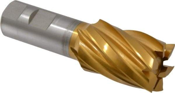 Hertel - 1-3/8", 2" LOC, 1" Shank Diam, 4-1/2" OAL, 6 Flute, High Speed Steel Square End Mill - Single End, TiN Finish, Spiral Flute, 30° Helix, Right Hand Cut, Right Hand Flute - Americas Industrial Supply