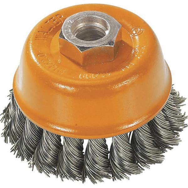 WALTER Surface Technologies - 3" Diam, 5/8-11 Threaded Arbor, Steel Fill Cup Brush - 0.02 Wire Diam, 12,000 Max RPM - Americas Industrial Supply