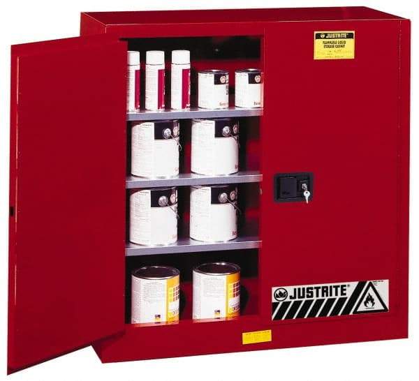 Justrite - 2 Door, 3 Shelf, Red Steel Standard Safety Cabinet for Flammable and Combustible Liquids - 44" High x 43" Wide x 18" Deep, Manual Closing Door, 3 Point Key Lock, 40 Gal Capacity - Americas Industrial Supply