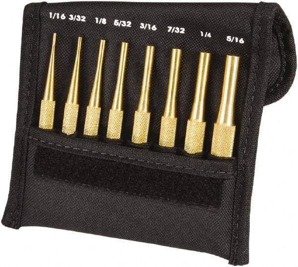 Starrett - 8 Piece, 1/16 to 5/16", Pin Punch Set - Round Shank, Brass, Comes in Pouch - Americas Industrial Supply