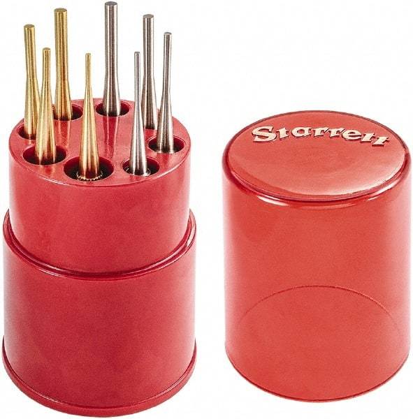 Starrett - 8 Piece, 1/16 to 5/32", Pin Punch Set - Round Shank, Brass & Steel, Comes in Plastic Tube - Americas Industrial Supply