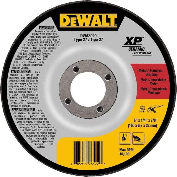 DeWALT - 24 Grit, 6" Wheel Diam, 7/8" Arbor Hole, Type 27 Depressed Center Wheel - Coarse/Medium Grade, Ceramic, N Hardness, 10,100 Max RPM - Americas Industrial Supply