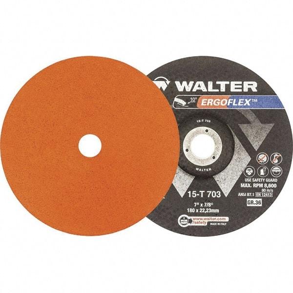 WALTER Surface Technologies - 36 Grit, 5" Disc Diam, 7/8" Center Hole, Type 29 Ceramic Flap Disc - 12,200 Max RPM, Fiber Backing, Arbor Attaching System, Coated - Americas Industrial Supply