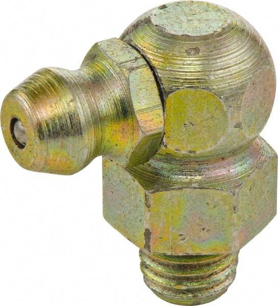 Umeta - 90° Head Angle, M8x1 Metric Brass Standard Grease Fitting - 9mm Hex, 18mm Overall Height, 5.5mm Shank Length - Americas Industrial Supply