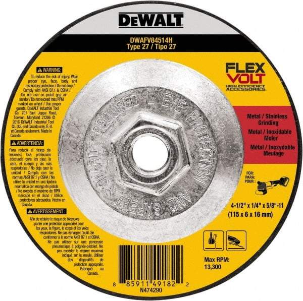 DeWALT - 4-1/2" Wheel Diam, 1/4" Wheel Thickness, 7/8" Arbor Hole, Type 27 Depressed Center Wheel - Fine/Coarse Grade, Ceramic, 13,300 Max RPM - Americas Industrial Supply