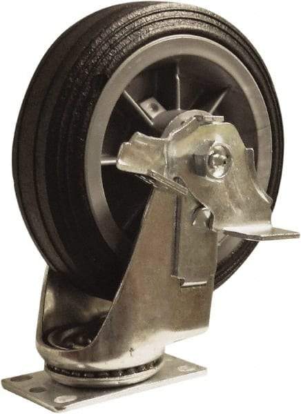 Snap-Loc - 6" Diam x 1-1/4" Wide x 7-1/2" OAH Top Plate Mount Swivel Caster with Brake - Rubber, 375 Lb Capacity, Ball Bearing, 1-3/4 X 2-7/8" Plate, Round Stem - Americas Industrial Supply