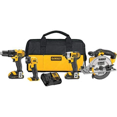 DeWALT - 20 Volt Cordless Tool Combination Kit - Includes 1/2" Drill/Driver, 1/4" Compact Impact Driver, 6-1/2" Circular Saw & Handheld Light, Lithium-Ion Battery Included - Americas Industrial Supply
